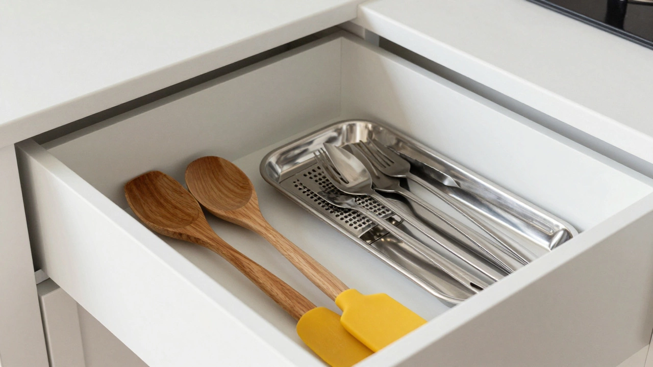 Open kitchen drawer showing cooking utensils on one side and cutlery in a tray on the other.