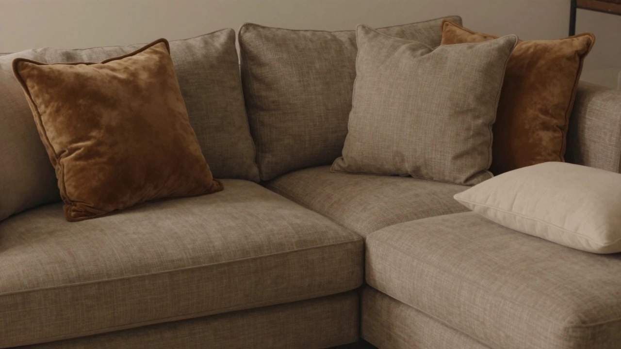 Sectional sofa with mixed cushion sizes including 24x24, 22x22, and 18x18, arranged in a cozy, uneven layout.