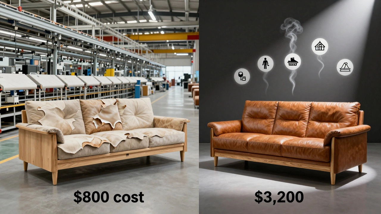 Side-by-side visual of a sofa being made in a factory versus sold in a high-end showroom with cost breakdowns.