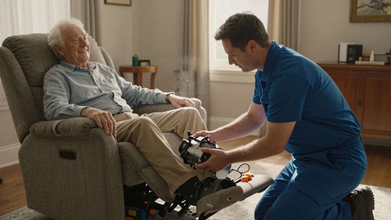 Technician repairing a Lazy Boy recliner in a customer's home, owner smiling nearby.