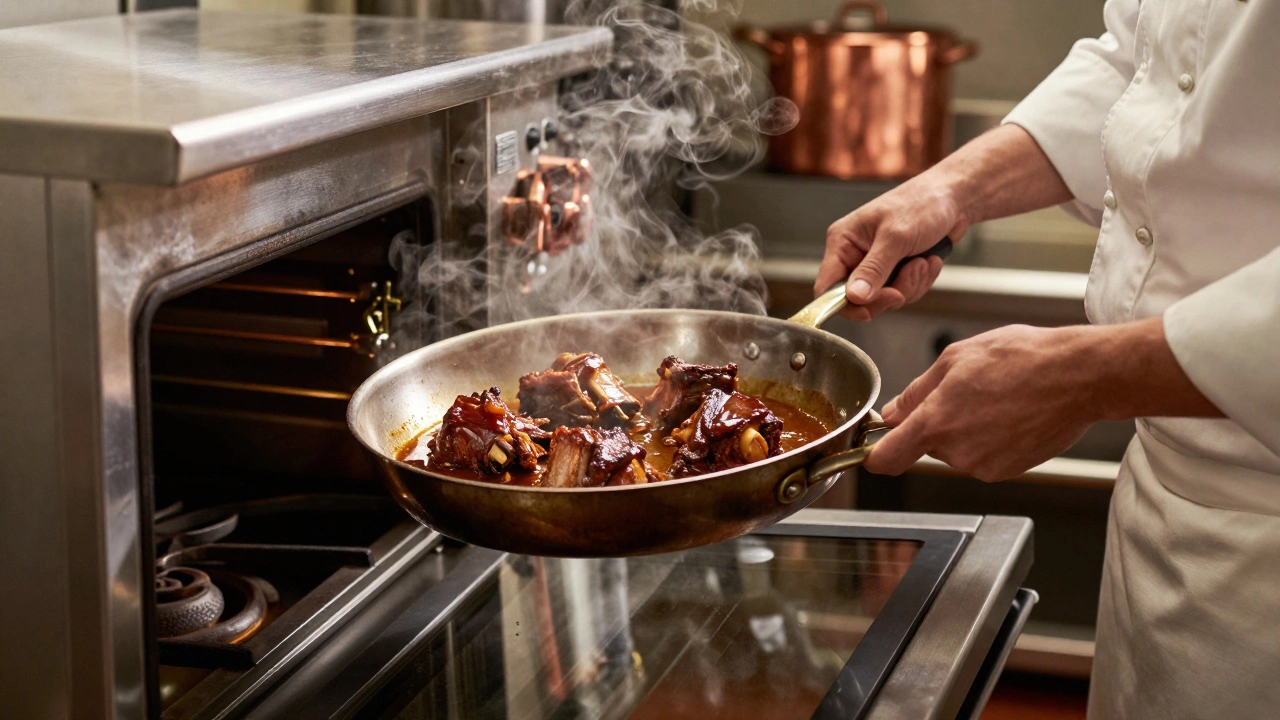 A chef lifting a large two-handled sauté pan from stove to oven with both hands.