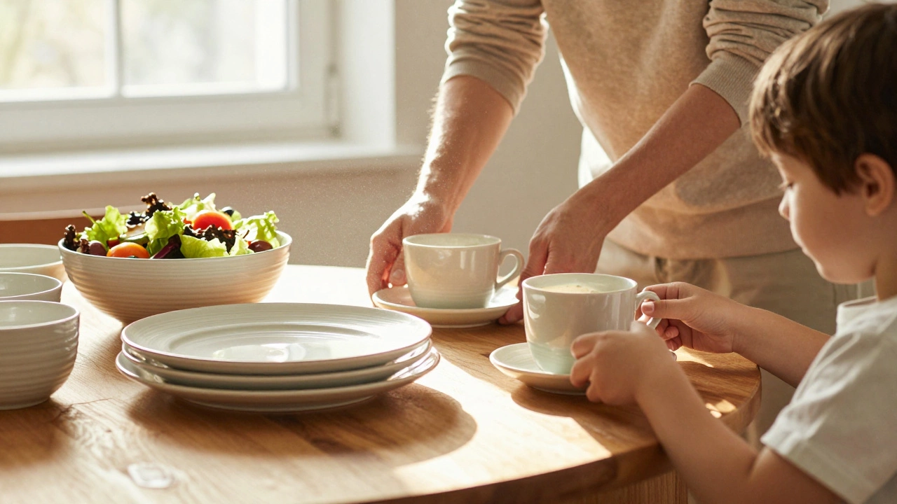 A family placing dinnerware including plates, cups, and saucers on a table for brunch.