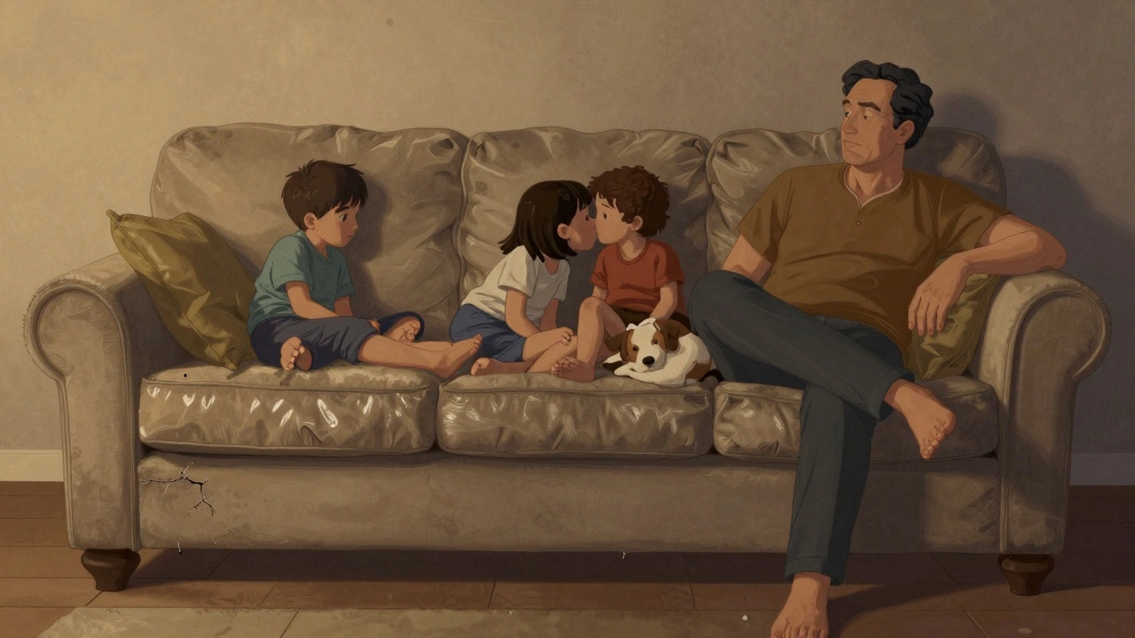 A family using a worn sofa with shiny armrests and compressed cushions, showing signs of heavy daily use over time.