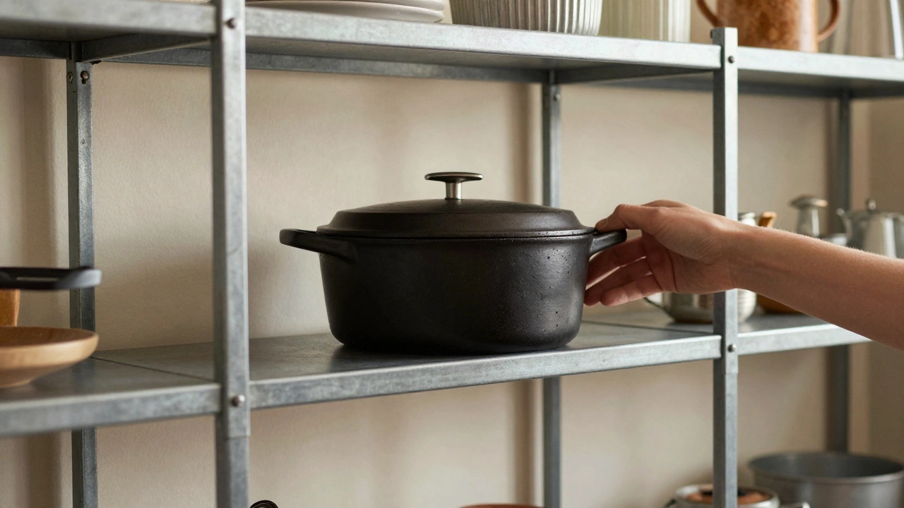 A hand placing a Dutch oven on a mid-range steel shelf, with ghosted images showing failure and underuse on either side.