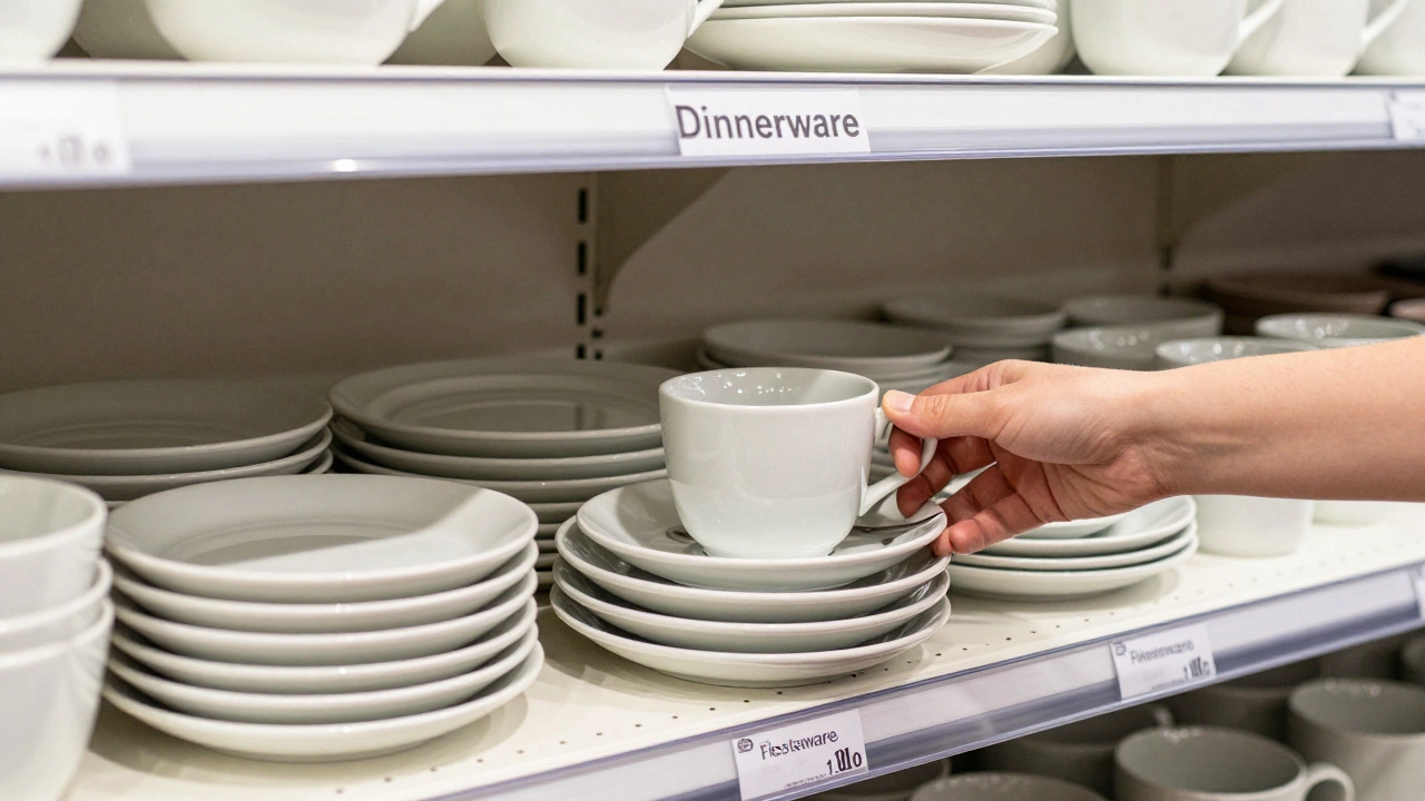 A store shelf labeled 'Dinnerware' filled with stacked ceramic plates, bowls, and mugs.