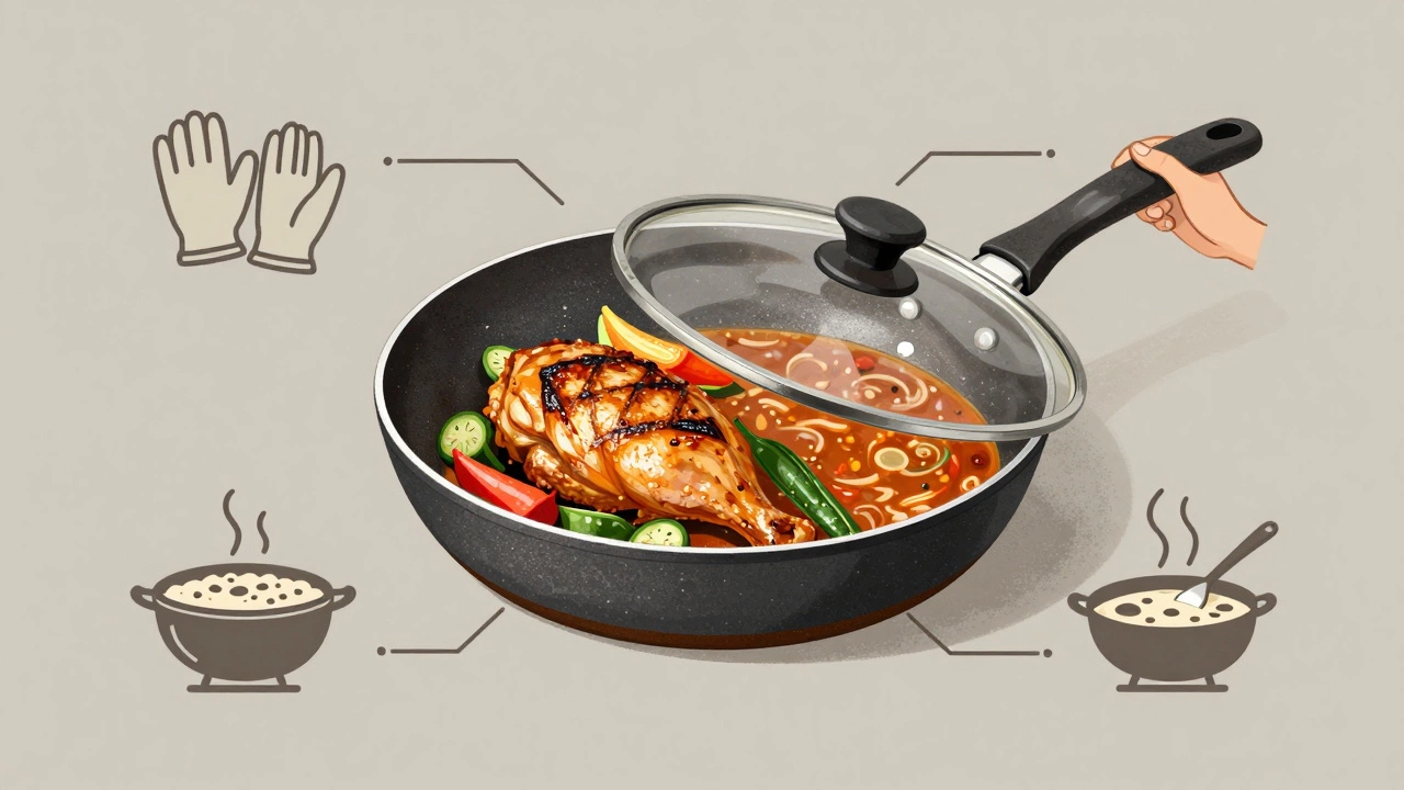 Conceptual split-image of a sauté pan used for searing, simmering, and braising.