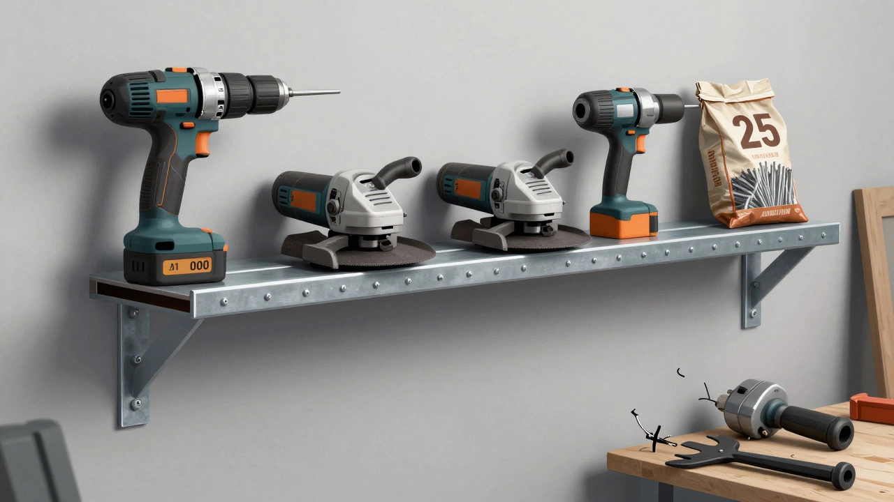 Heavy workshop tools loaded on a thick steel shelf mounted into wall studs, with a broken cheap shelf on the floor nearby.