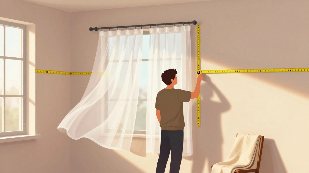 Homeowner using tape measure and painter’s tape to mark ideal curtain rod placement on a wall beside a window.