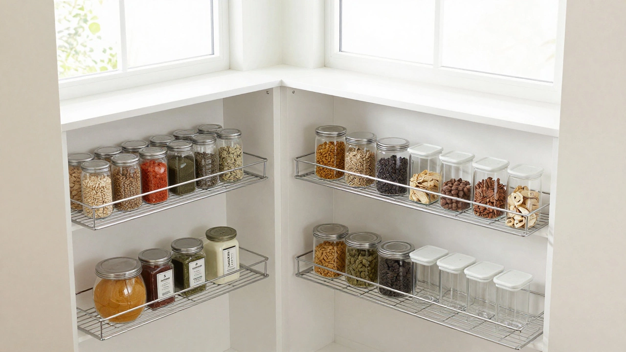 Modern kitchen pantry with wire shelves displaying organized food items