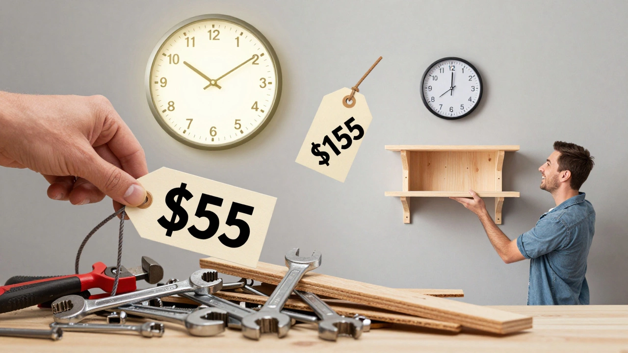 Person comparing price tags of DIY and store-bought shelves, with time clocks showing effort vs. convenience.