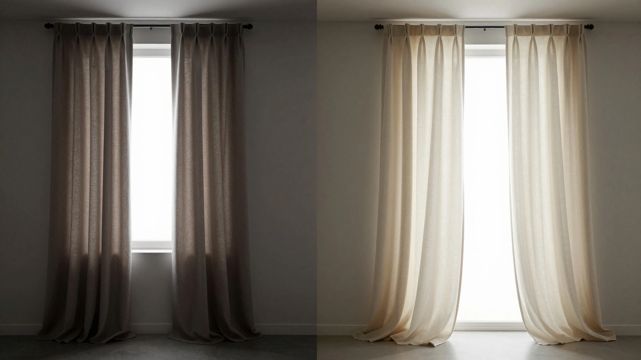 Side-by-side comparison: narrow curtains making a window look small versus wide curtains creating an open, airy feel.