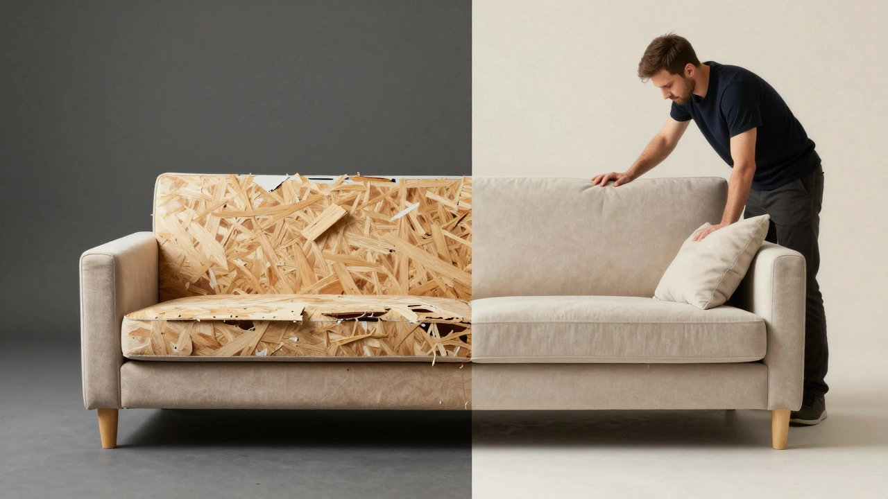 Split image contrasting a broken cheap sofa with a repaired long-lasting one, illustrating when to replace versus restore.