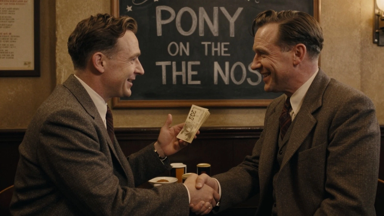 Two men in a 1950s London pub make a £25 bet with handshakes and notes.