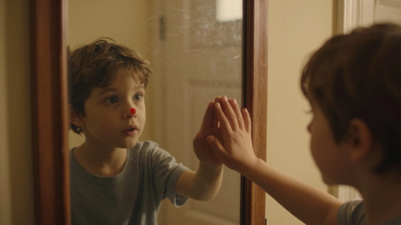 A child reaching toward a mirror, fascinated by their own reflection with a red dot on their nose.