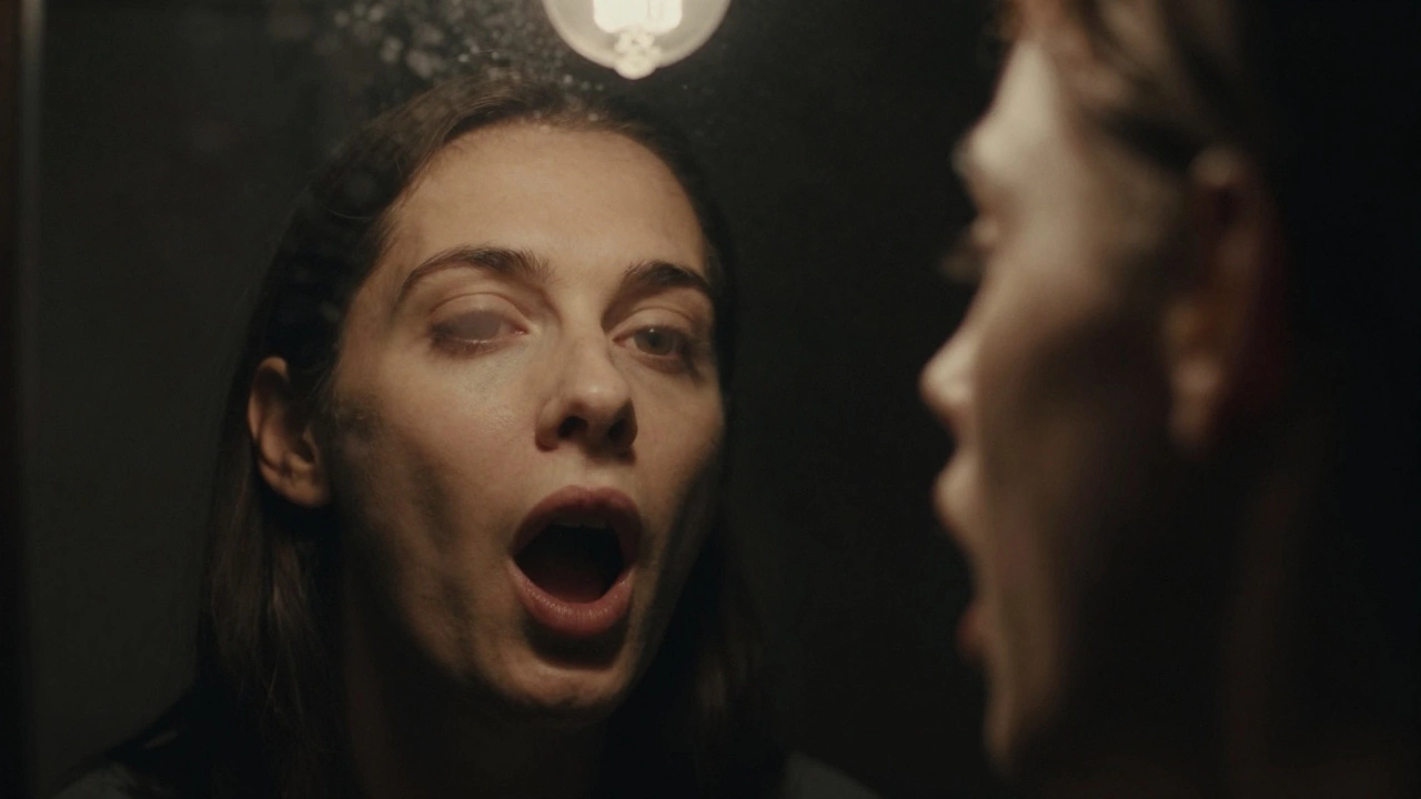 A close-up of a mirrored surface showing a face morphing into an unfamiliar, grotesque version of itself.