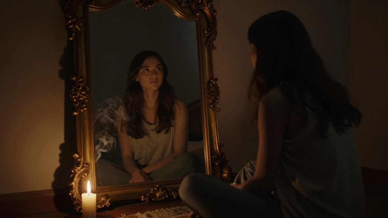 A person sitting in candlelight, staring into a mirror with a subtly distorted reflection.