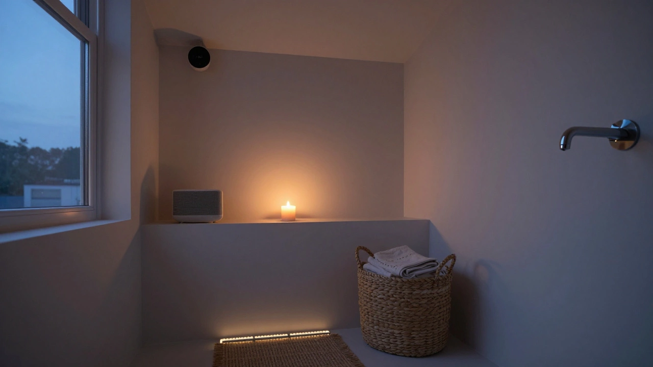 A quiet bathroom corner with a candle, speaker, and woven basket, radiating calm and intentional design.
