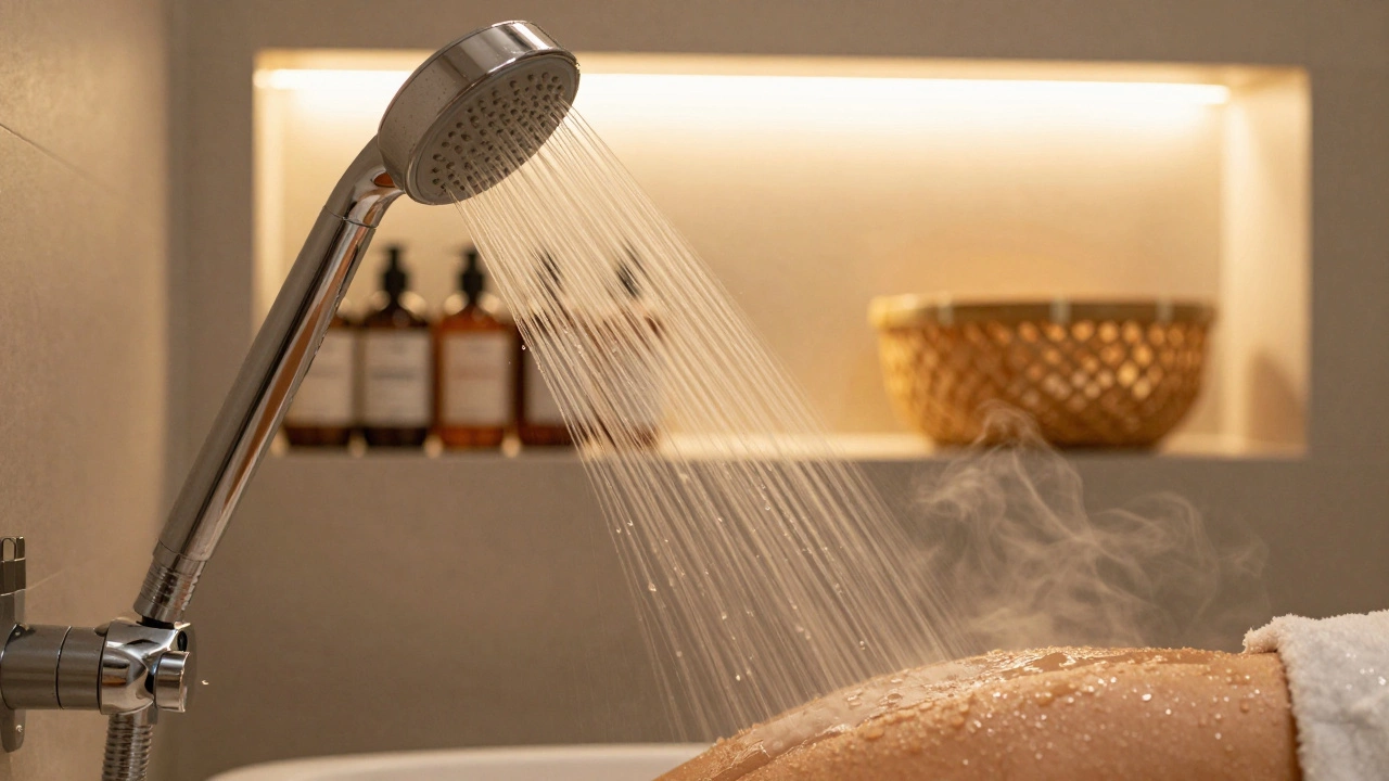 A rainfall showerhead spraying water gently, with steam and brushed nickel fixtures in a spa-like setting.