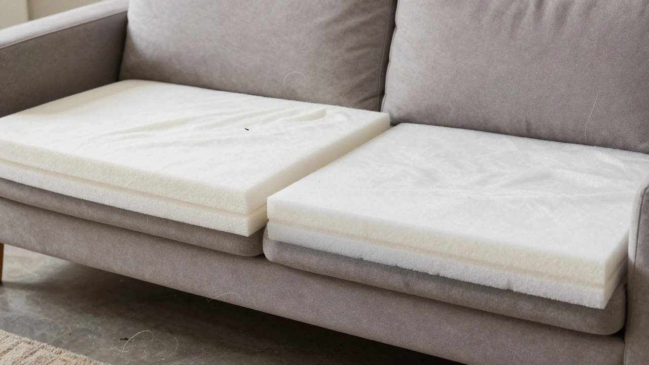 A split view of high-density versus flattened microfiber sofa cushions, with pet hair and internal foam layers visible to show comfort differences.