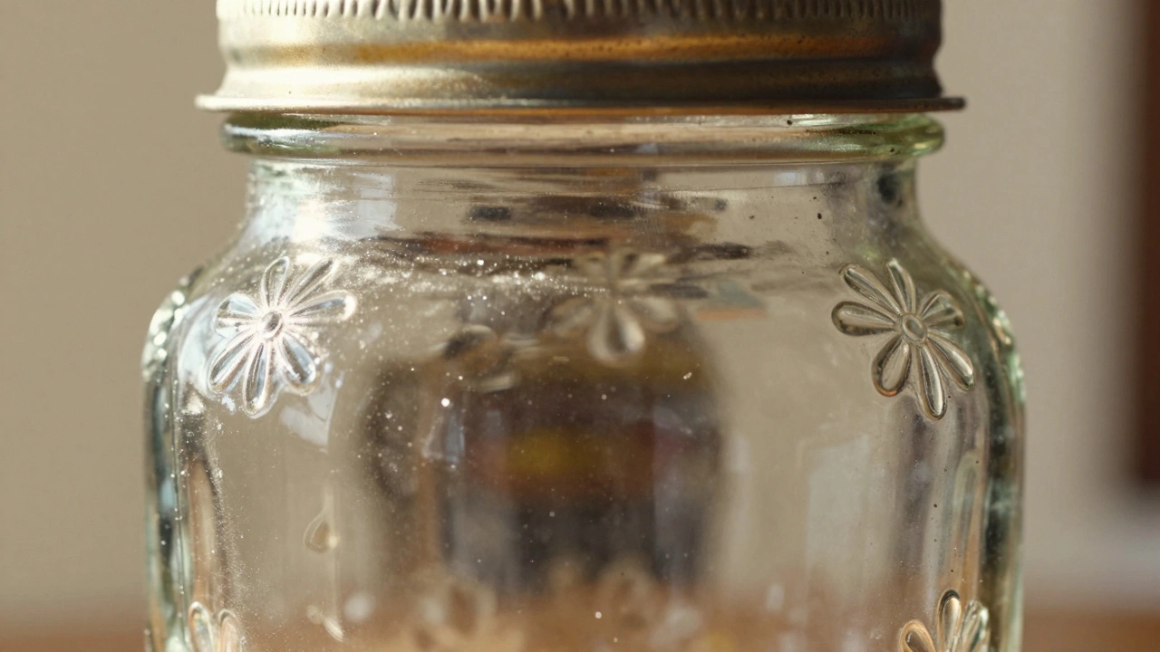 Antique canning jar with floral embossing in sunlight.