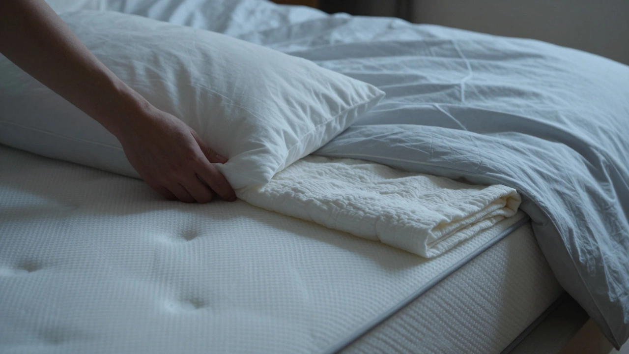 Close-up of a mattress protector under a fitted sheet with a folded blanket nearby.
