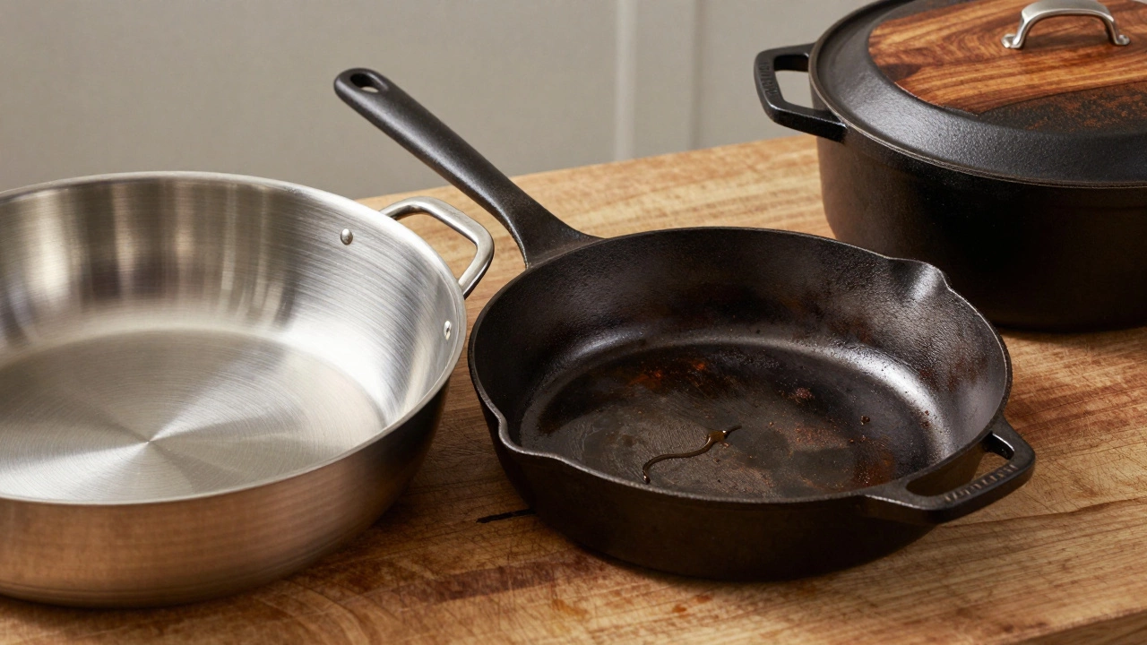 Close-up of seasoned carbon steel skillet, stainless steel pan, and cast iron Dutch oven on wooden block.