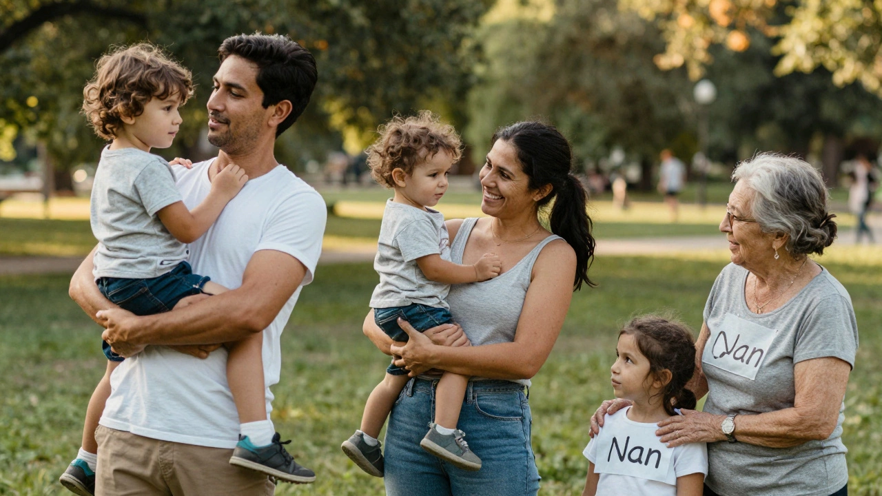 Diverse families in a park, with children using different terms like 'Daddy,' 'Papa,' and 'Nan' to address their caregivers.
