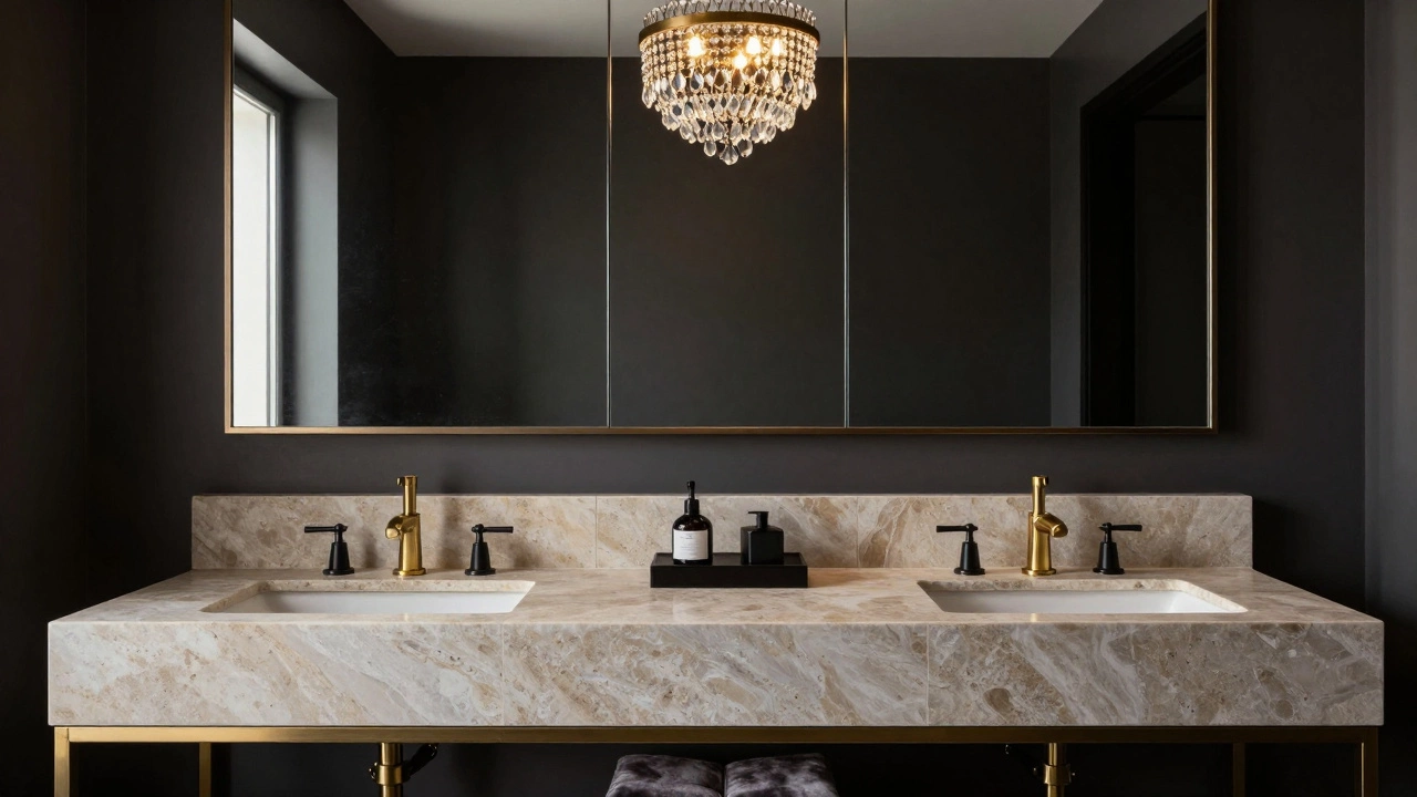 Dual vanity sinks with oversized mirror reflecting crystal chandelier and textured towel bars.
