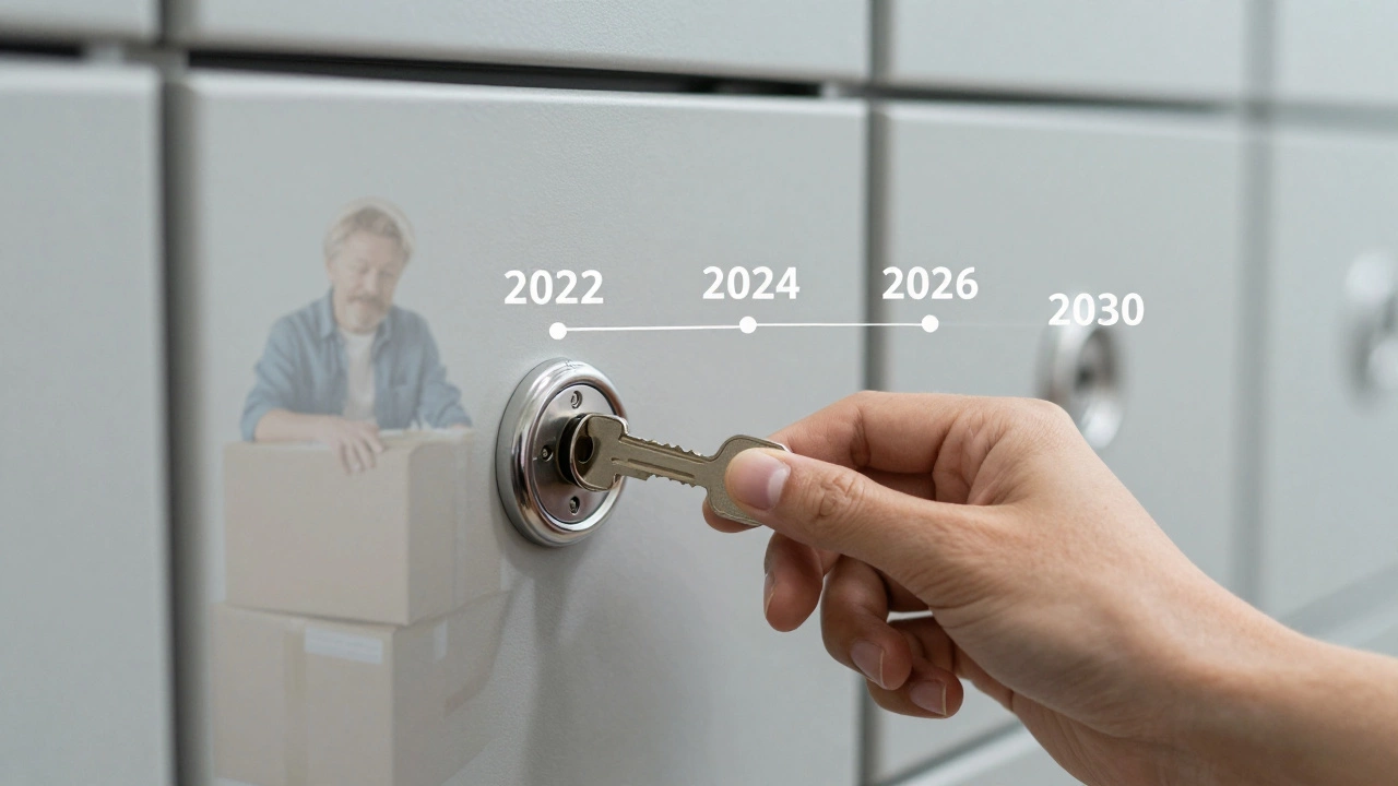 Hand inserting key into storage unit lock with timeline overlay of investment growth