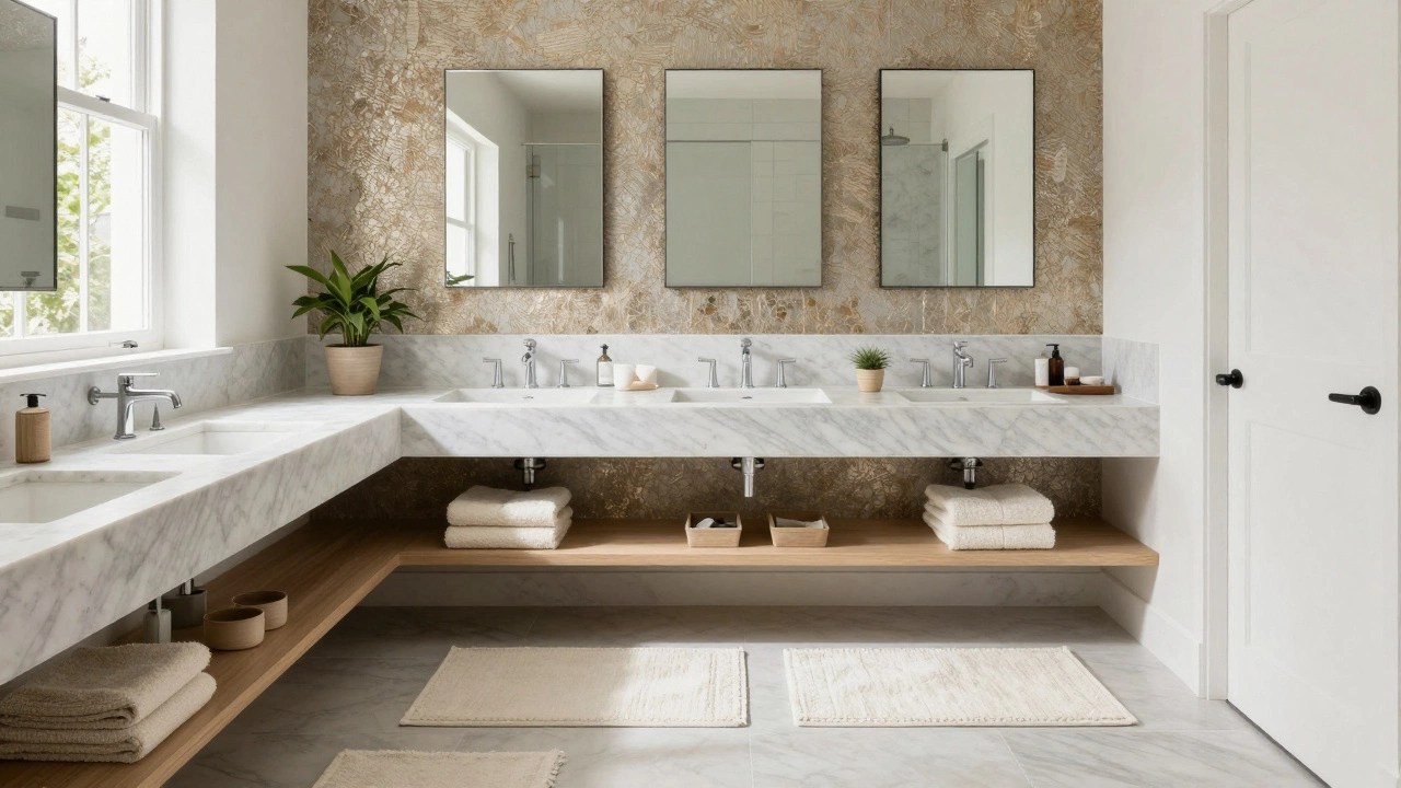 Modern glam bathroom featuring engineered stone, accent wall, and natural daylight for comfortable living.