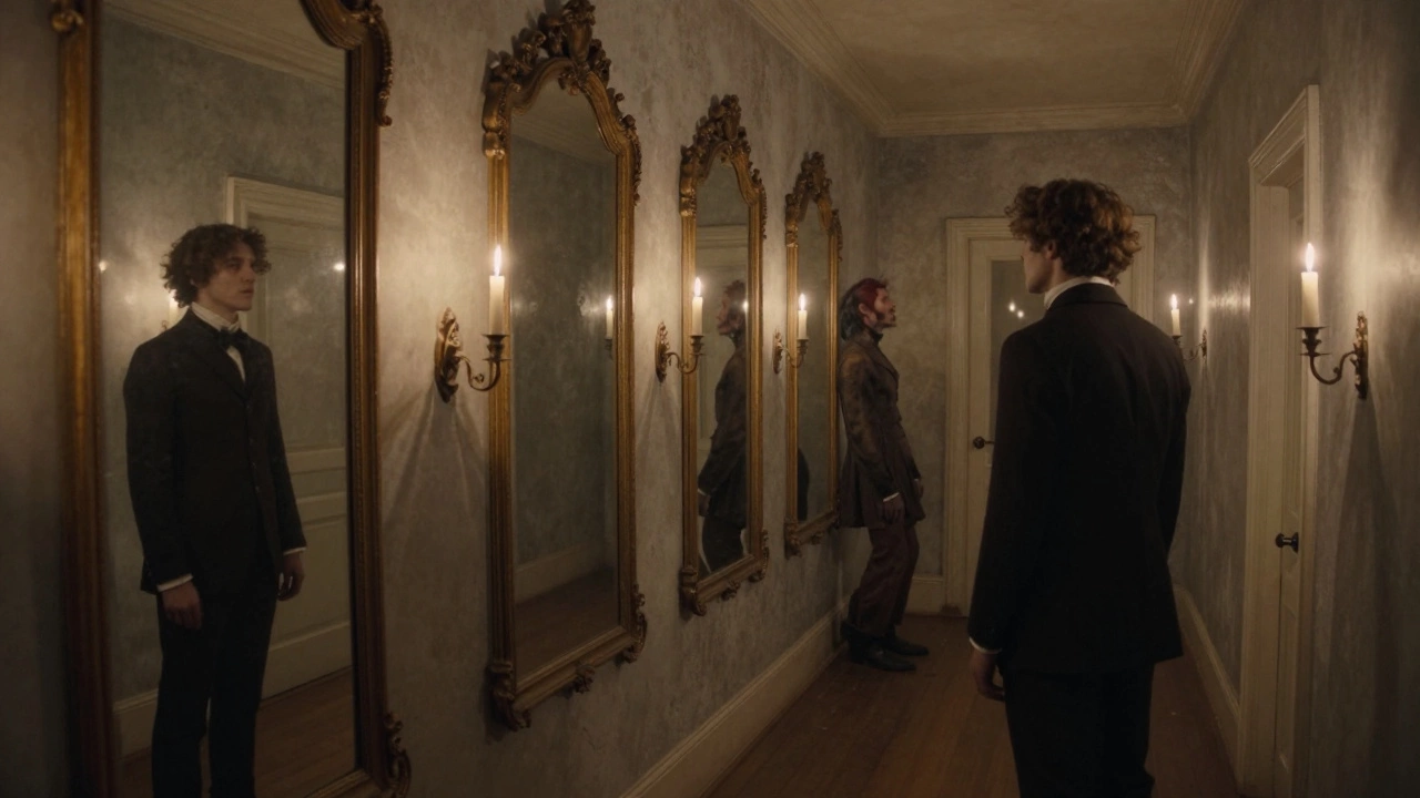 Multiple mirrors in a hallway reflecting distorted versions of the same person, all in dim candlelight.