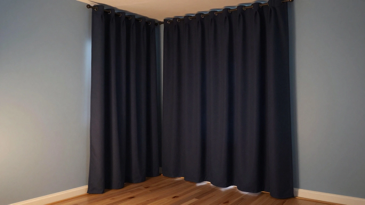 Navy ceiling-to-floor curtains in a pale blue bedroom create a calming, spacious feel.