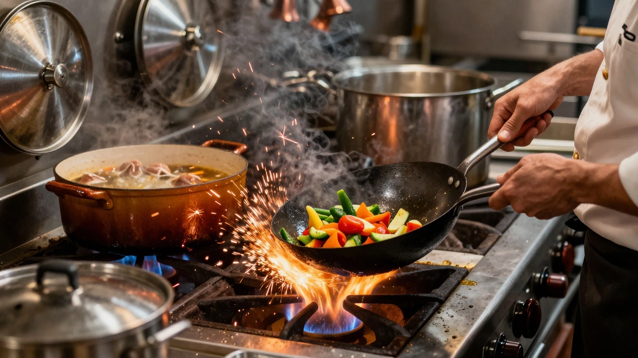 Professional chef tossing vegetables in a carbon steel wok over open flame, Dutch oven and stockpot in background.