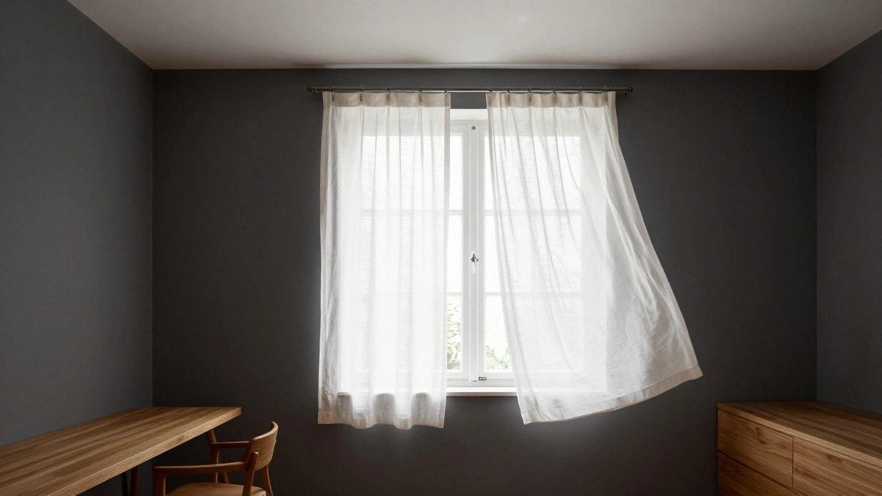 Soft white curtains brighten a dark-walled studio apartment, enhancing natural light.