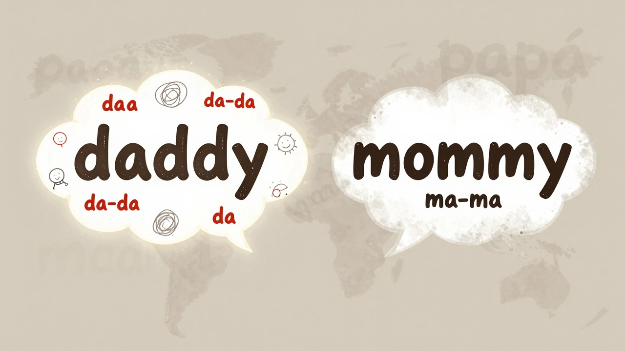 Two word clouds showing 'daddy' and 'mommy' with baby-talk sound patterns, surrounded by global language echoes.