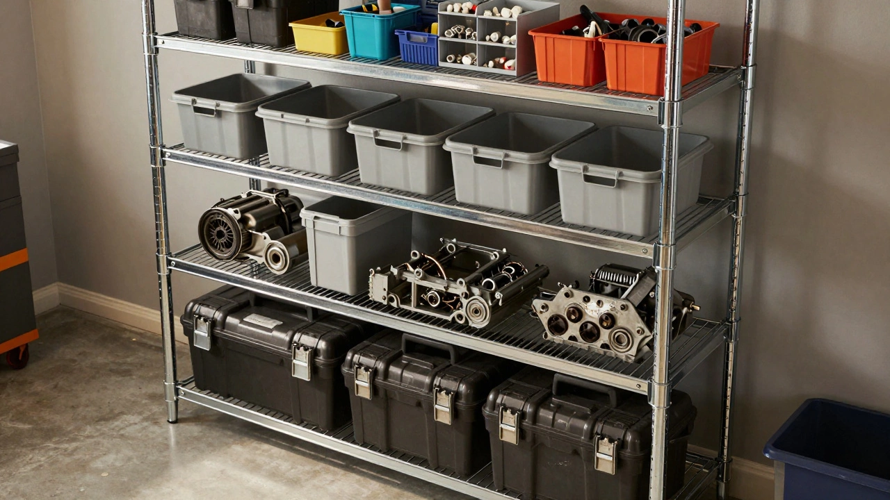 A 5-shelf unit in a garage with heavy items on the bottom and light items on top.