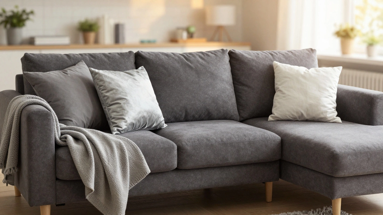 A charcoal grey sofa with a casual cluster of cushions and a throw blanket on one side.