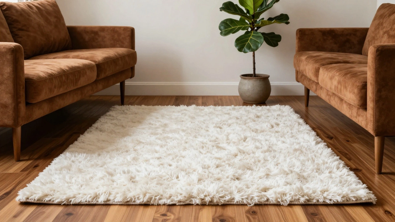 A fluffy white shag rug paired with walnut furniture and a green plant in a cozy room.