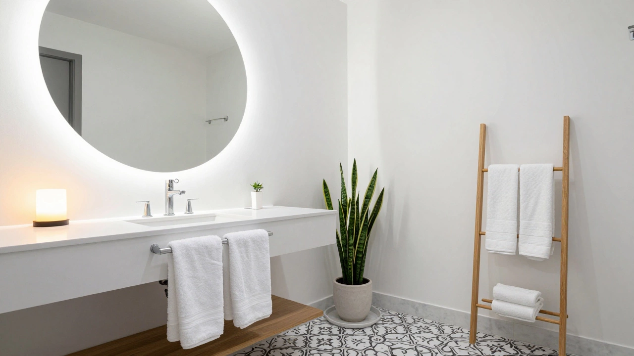 A modern spa-like bathroom with a round mirror, white towels, and a potted plant