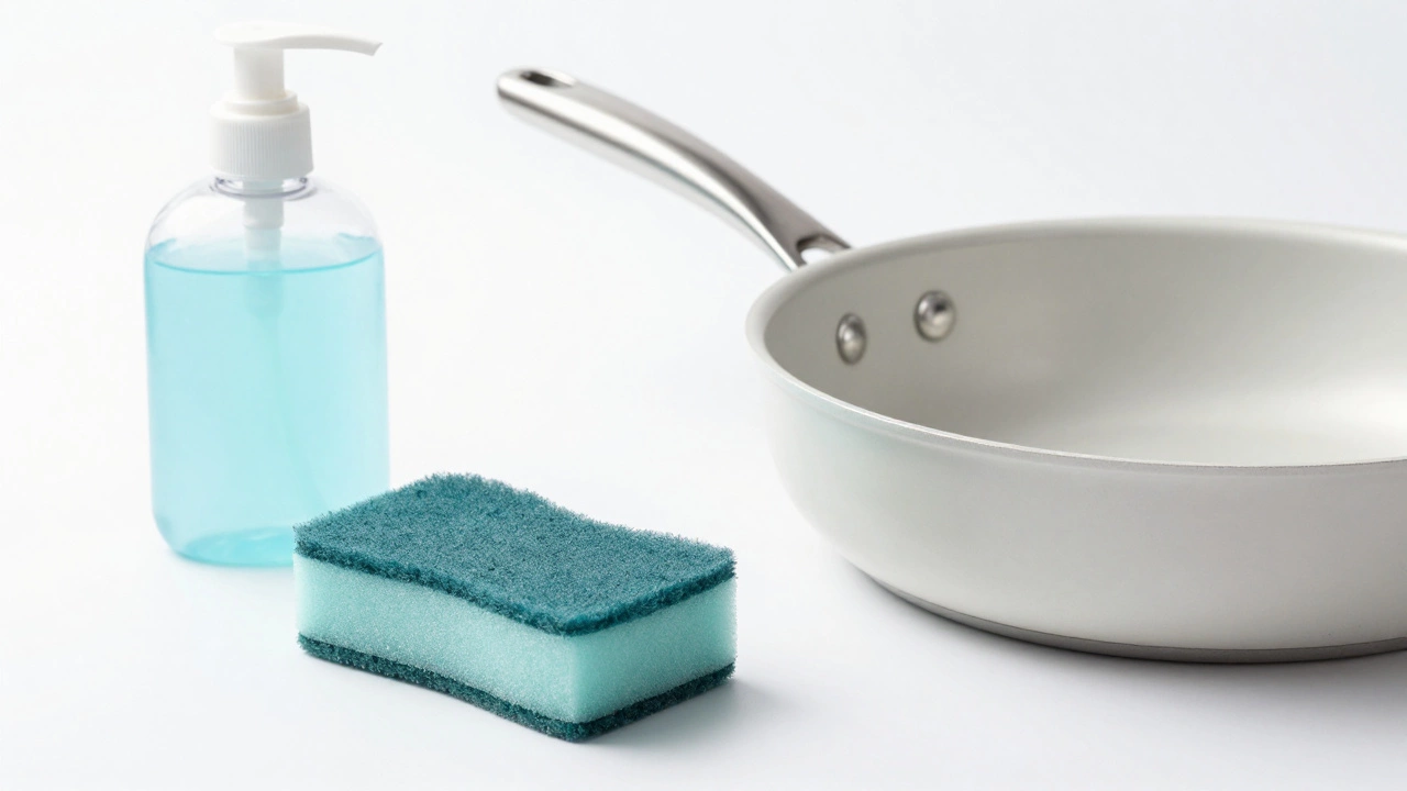 A non-stick saucepan next to a silicone sponge and soap for hand washing.