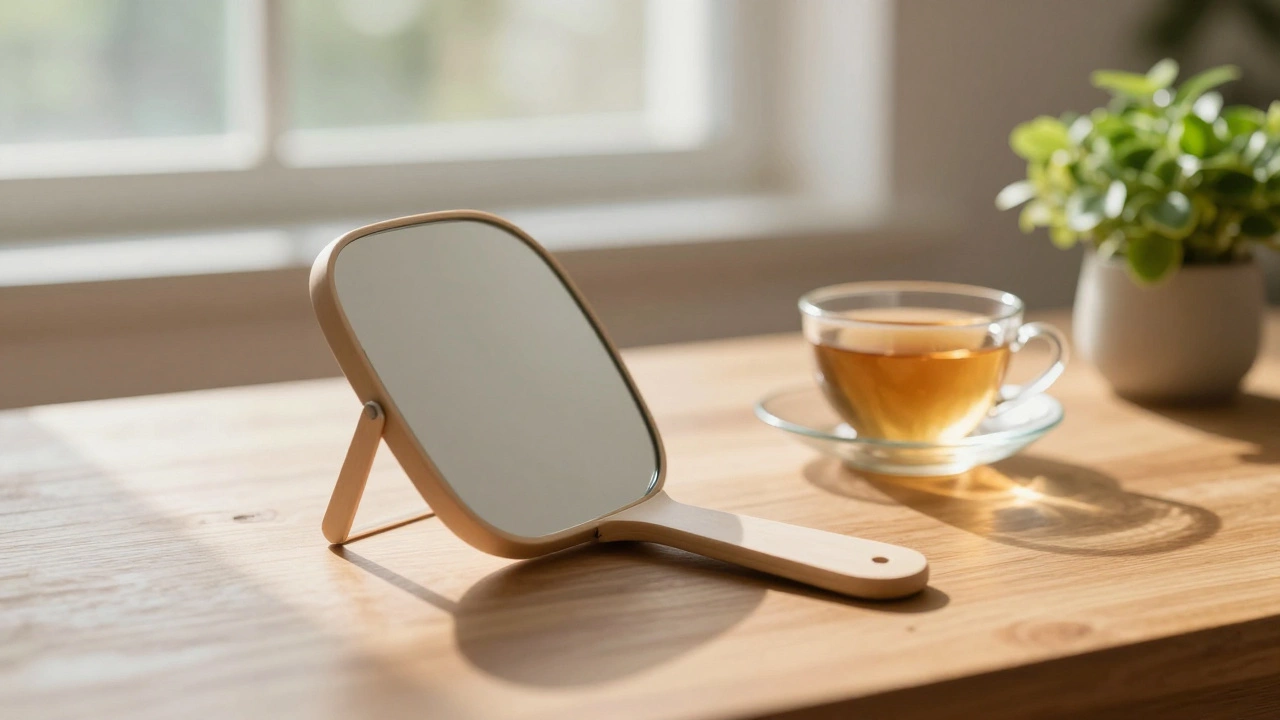 A small handheld mirror and a plant on a sunlit table, representing a peaceful path to healing.
