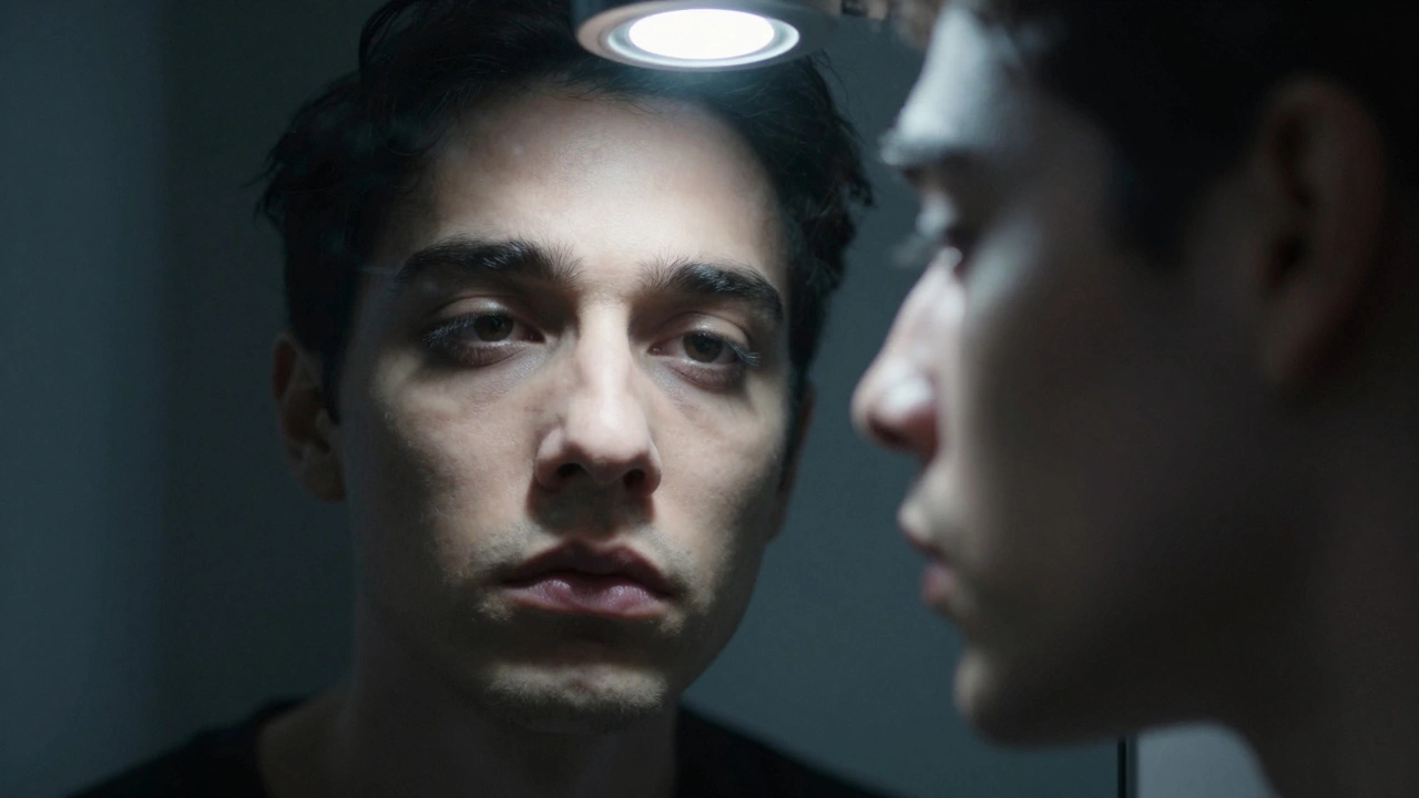 Close-up of a face in a bathroom mirror with harsh overhead lighting and deep shadows