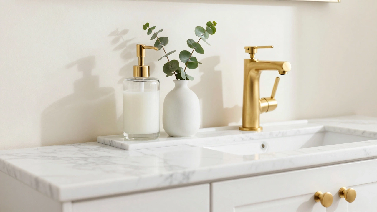Close-up of a marble tray with a glass dispenser and eucalyptus by a gold faucet