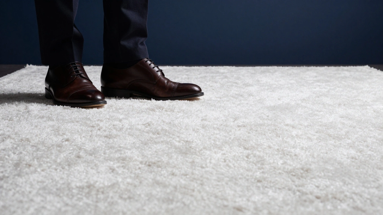 Close-up of a polished shoe stepping onto a spotless, high-status white rug against a dark wall.