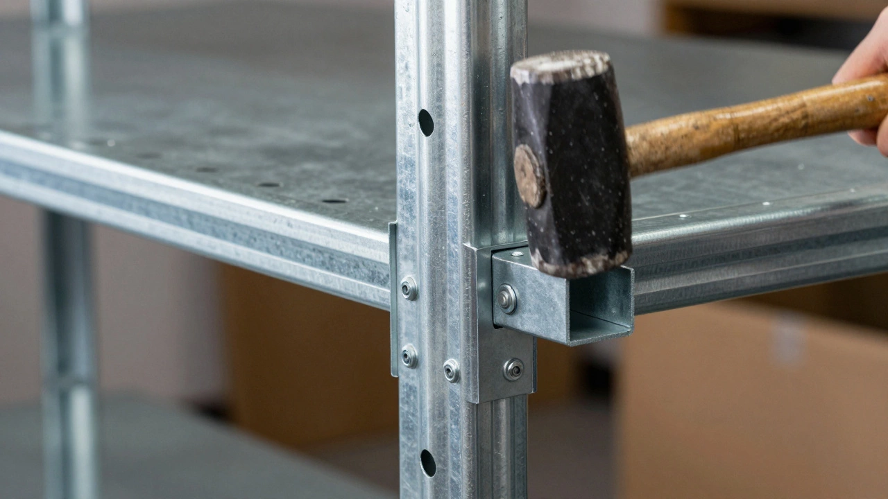 Close-up of a rubber mallet assembling a boltless steel shelf into a vertical upright.