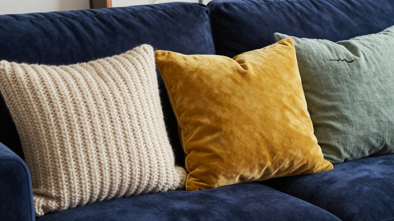 Close-up of textured velvet, wool, and linen cushions in mustard and sage on a navy sofa.