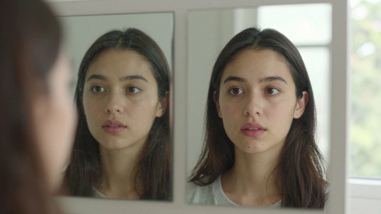 Comparison of a greenish tinted mirror reflection versus a clear reflection in natural light