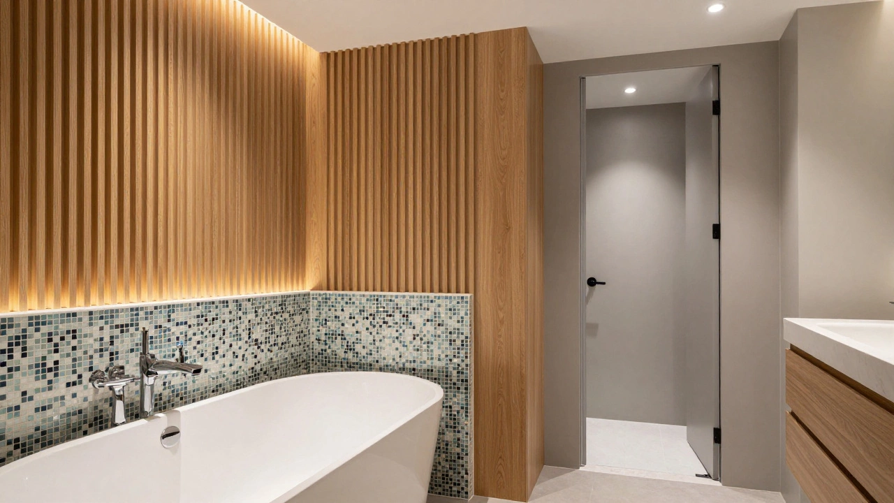 Contemporary bathroom showing a decorative tub area and a private water closet.