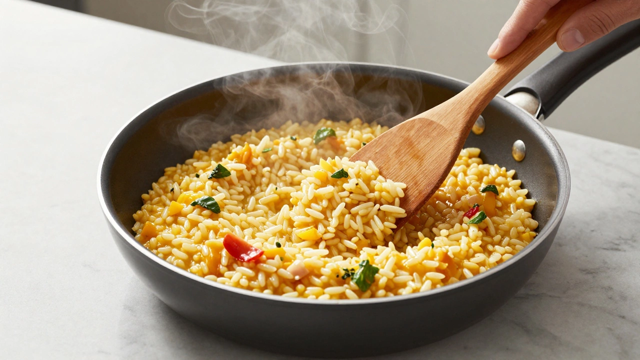 Creamy risotto being stirred in a high-walled sauté pan with steam rising.