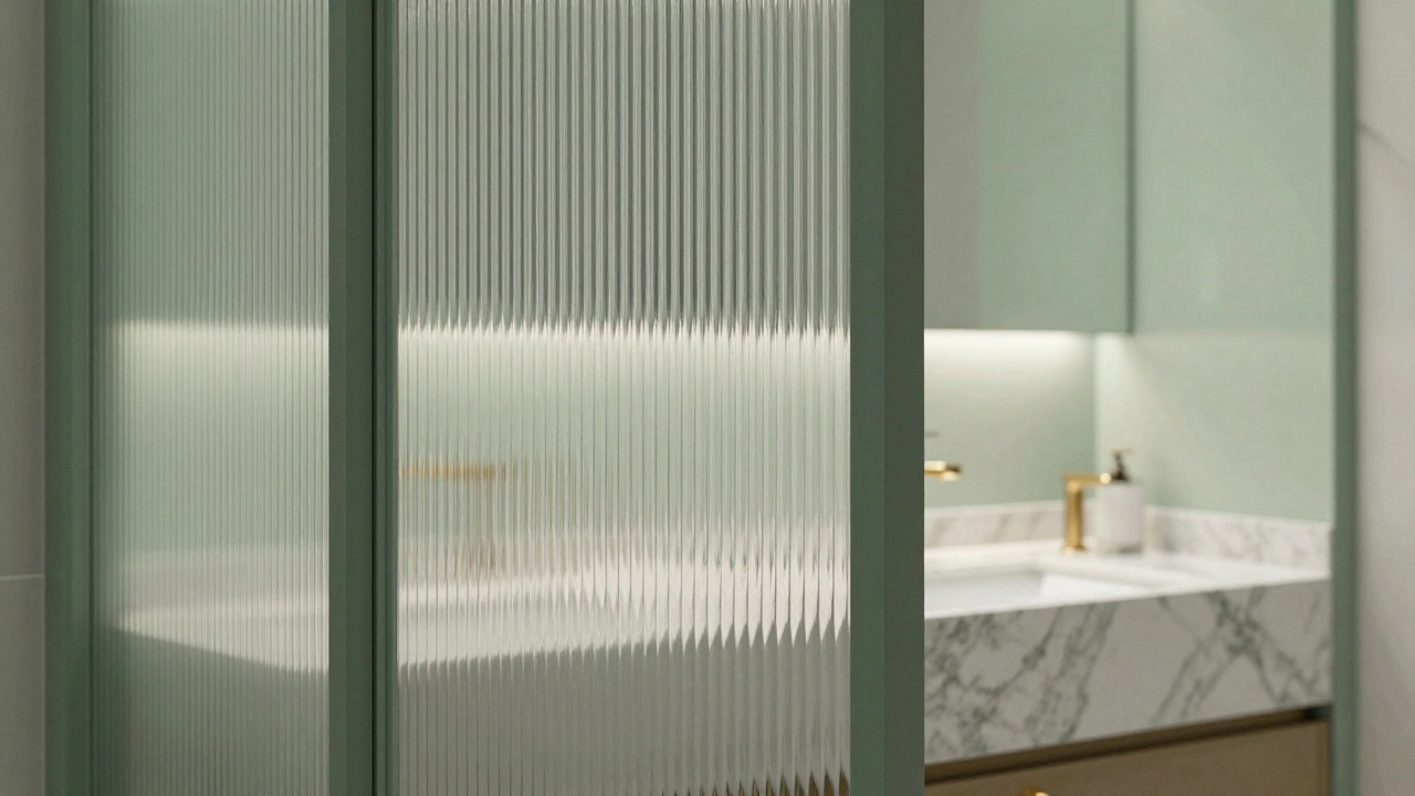 Detail of a reeded glass partition wall blurring a luxury bathroom vanity.